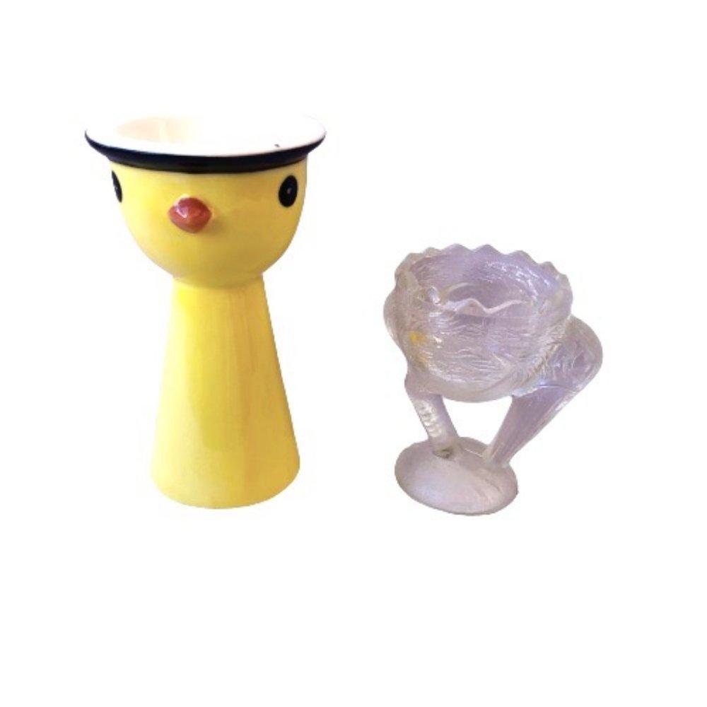 Egg Cups Lot of 2 Birds Yellow Bird + Pressed Glass Pelican